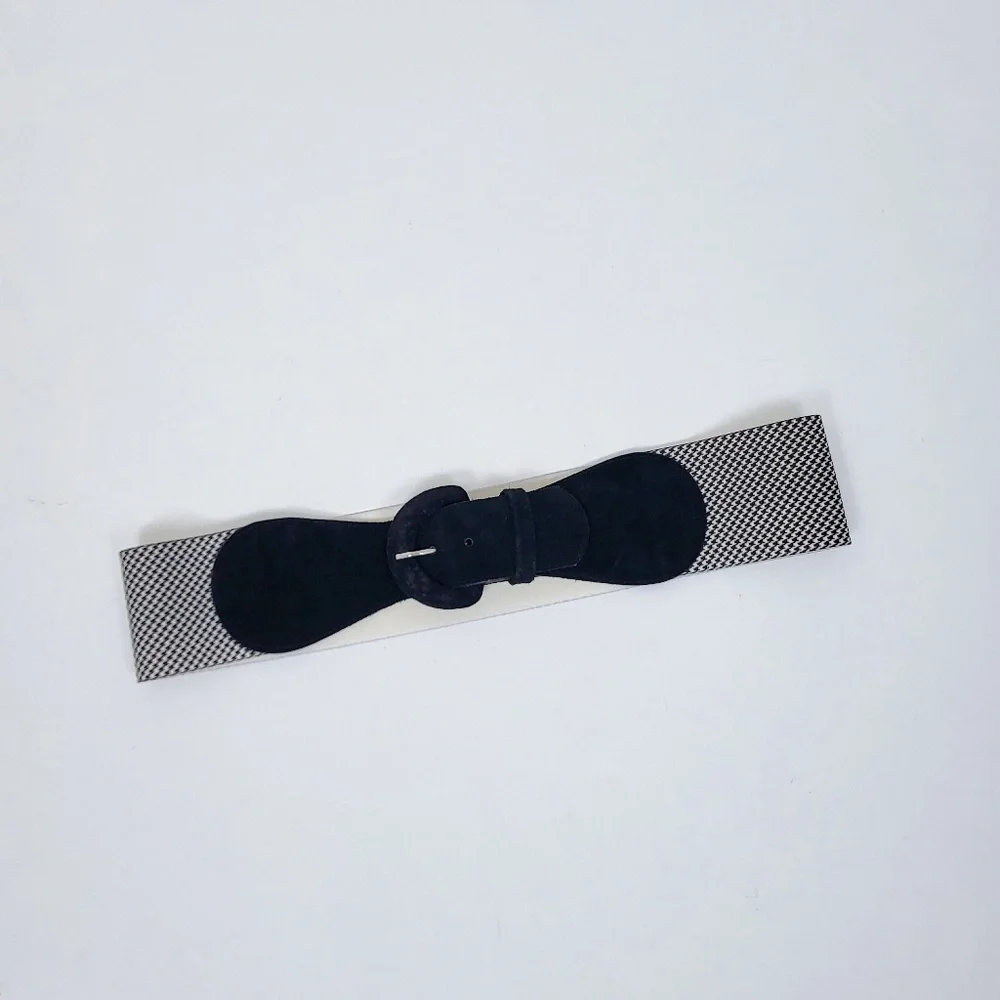 90s Houndstooth Belt Wide Buckle Thick Suede Black White - Picture 6 of 12